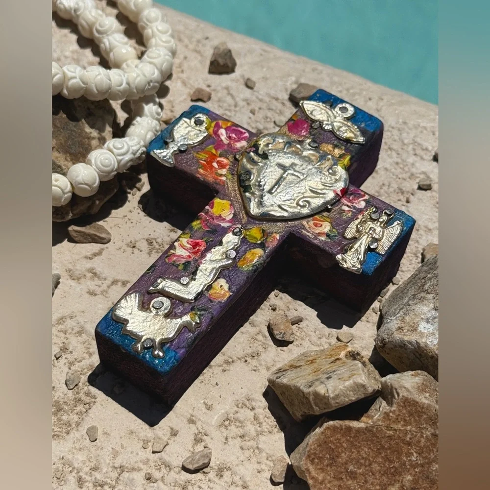 Milagros Silver Metal Charm Spanish Folk Art Painted Wood Cross-Violet - Picture 4 of 7